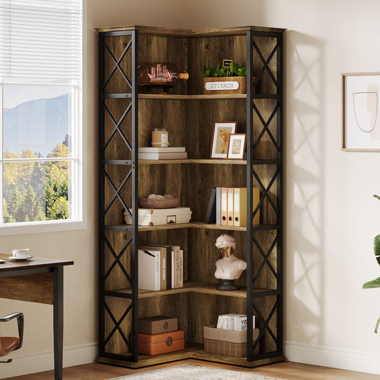 70.8" Tall Bookshelf, 5-Tier L-Shaped Bookcase Display Rack with Baffle