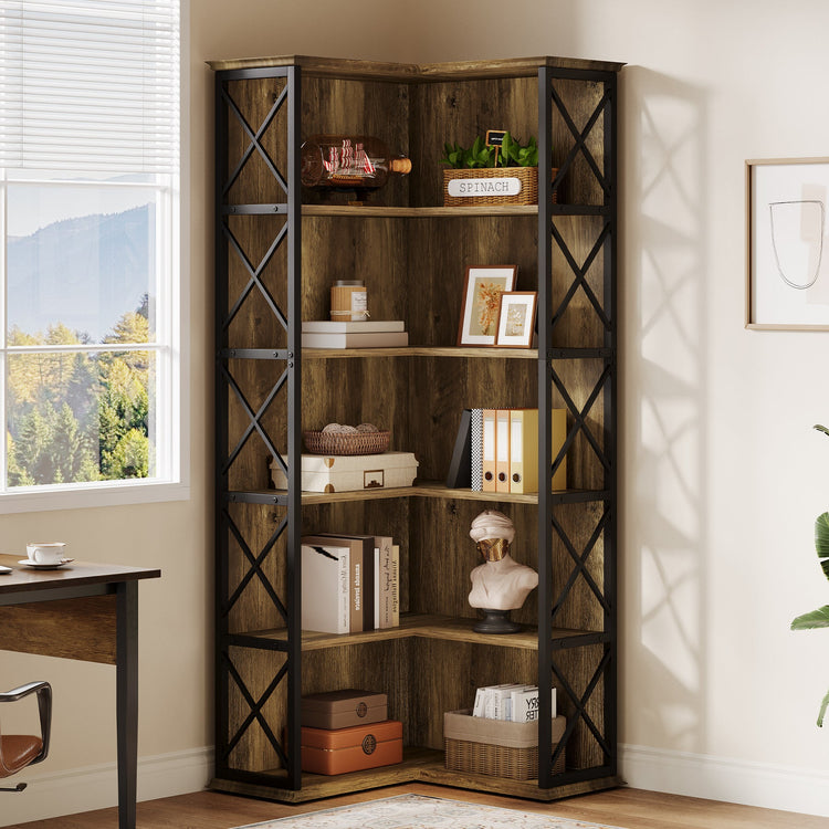 70.8" Tall Bookshelf, 5-Tier L-Shaped Bookcase Display Rack with Baffle