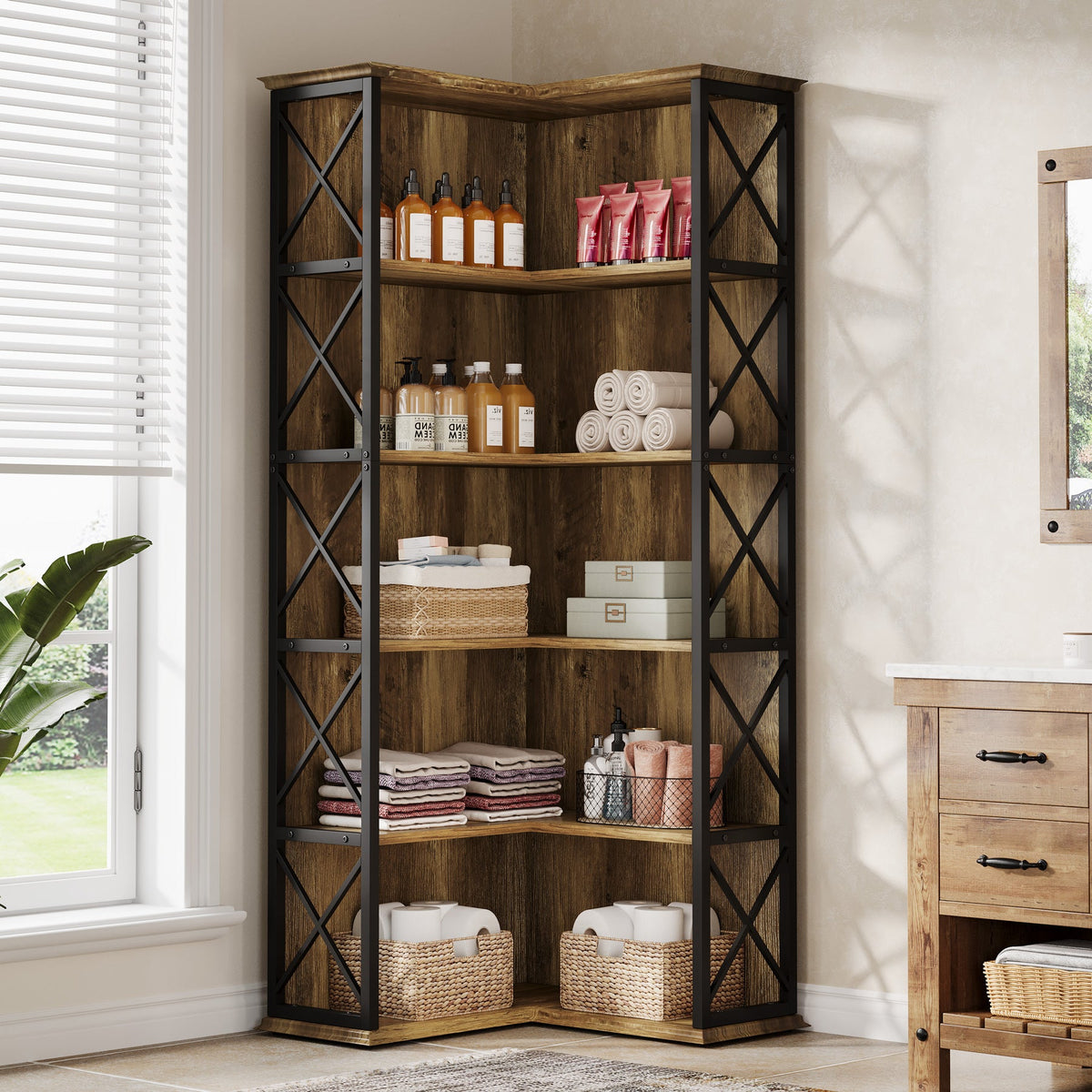 70.8" Tall Bookshelf, 5-Tier L-Shaped Bookcase Display Rack with Baffle
