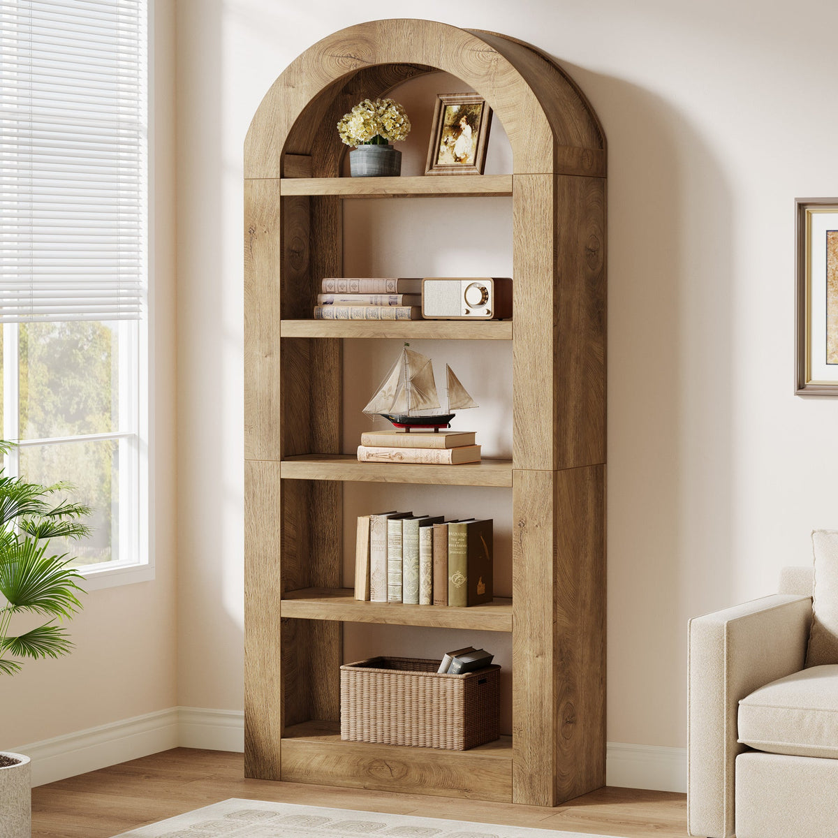 70.9" Bookshelf, 5-Tier Arched Bookcase Display Shelves Organizer