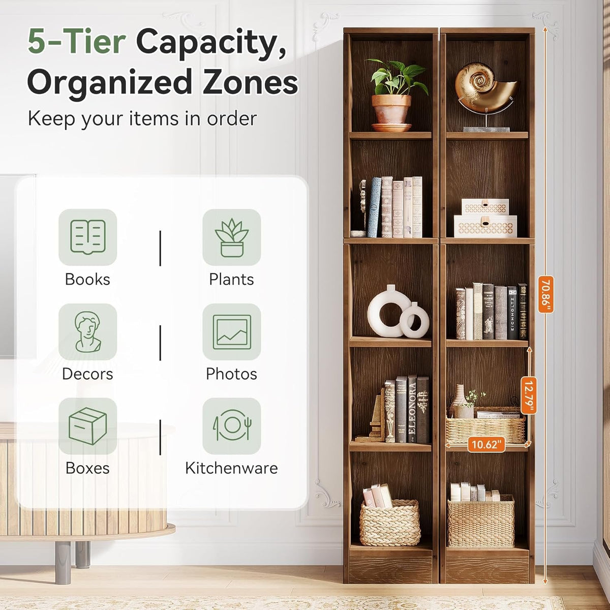 70.9" Tall Bookshelf, 5-Tier Wood Corner Bookcase Display Shelves for Home Office