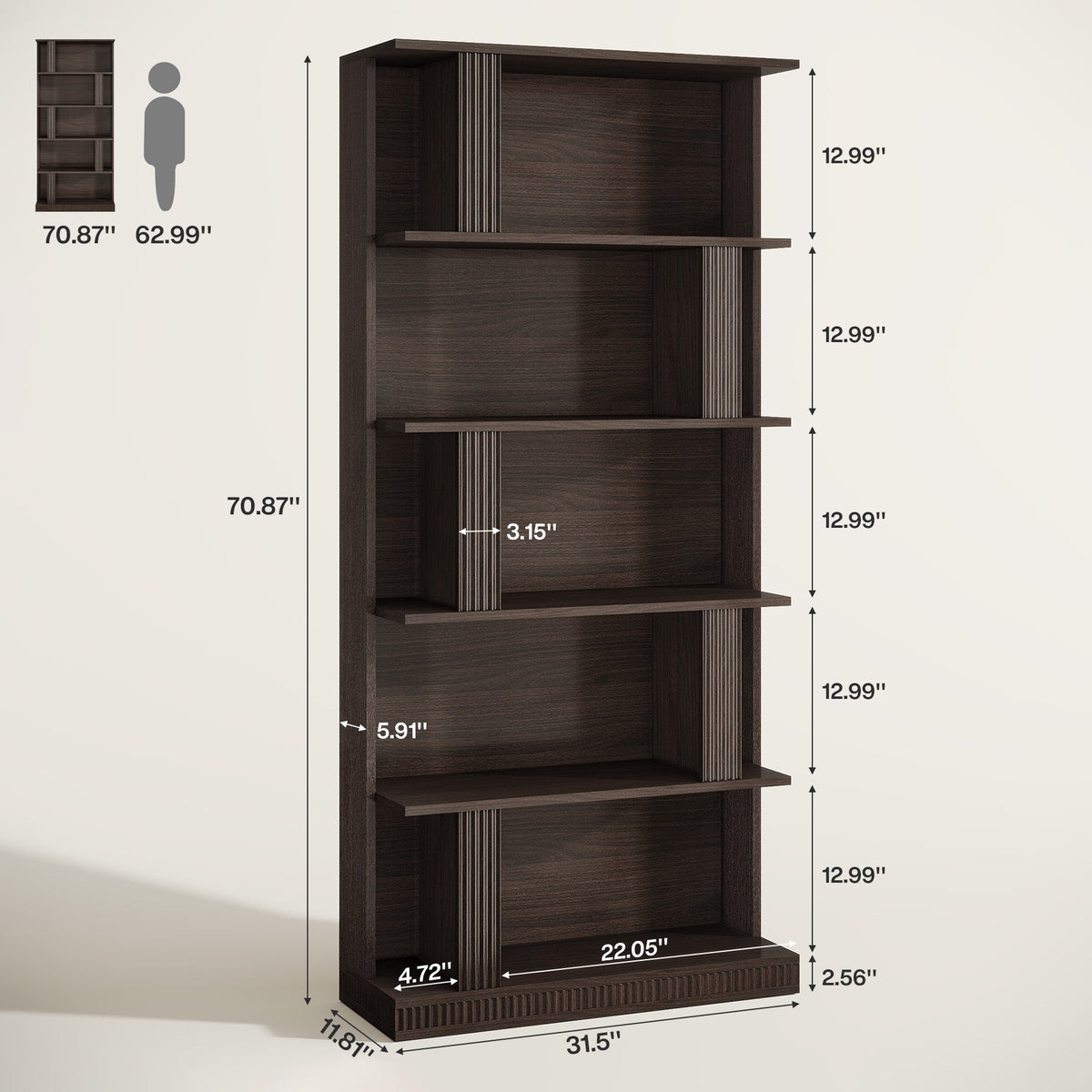 70" Bookshelf, 5-Tier Modern Bookcase with Open Display Shelves