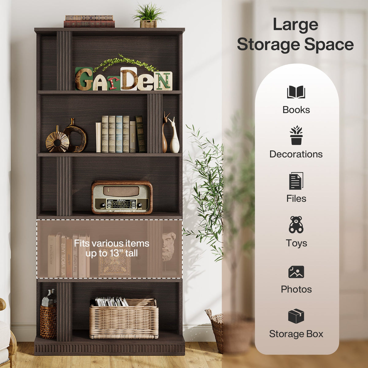 70" Bookshelf, 5-Tier Modern Bookcase with Open Display Shelves