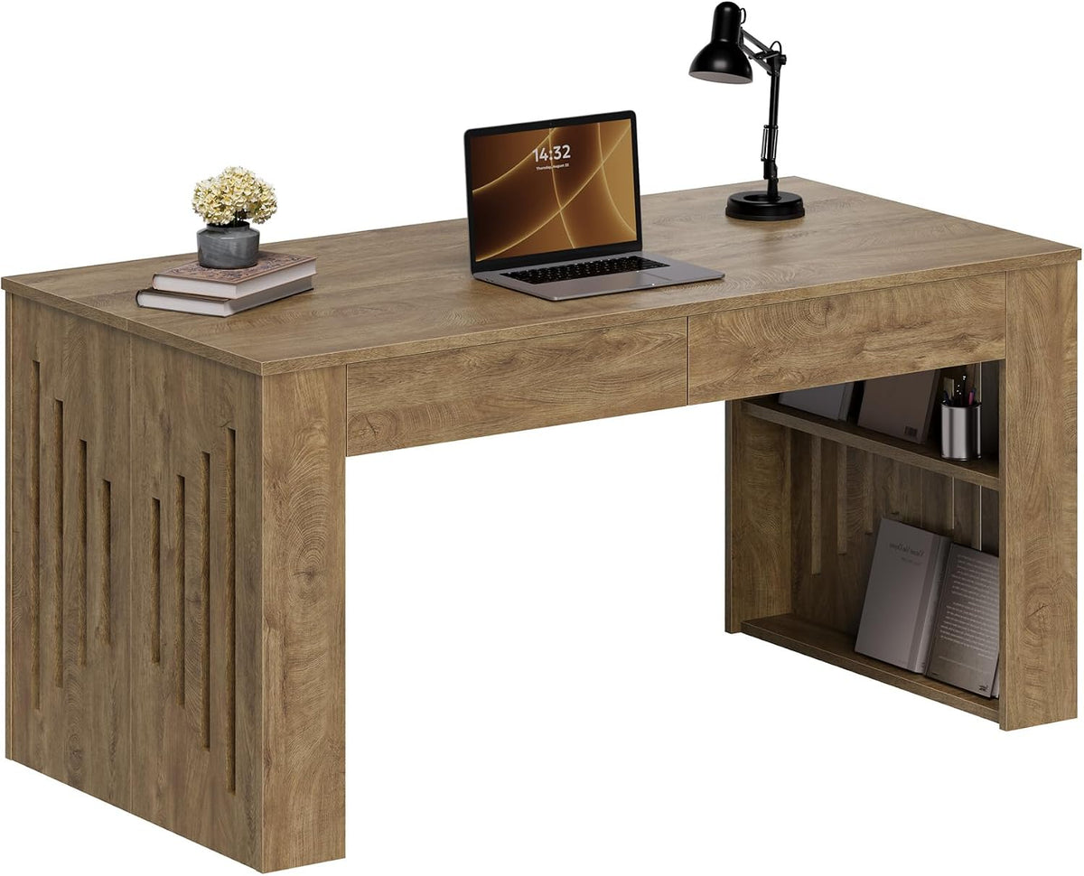 63" Executive Desk, Farmhouse Computer Desk with Drawers & Side Storage Shelf