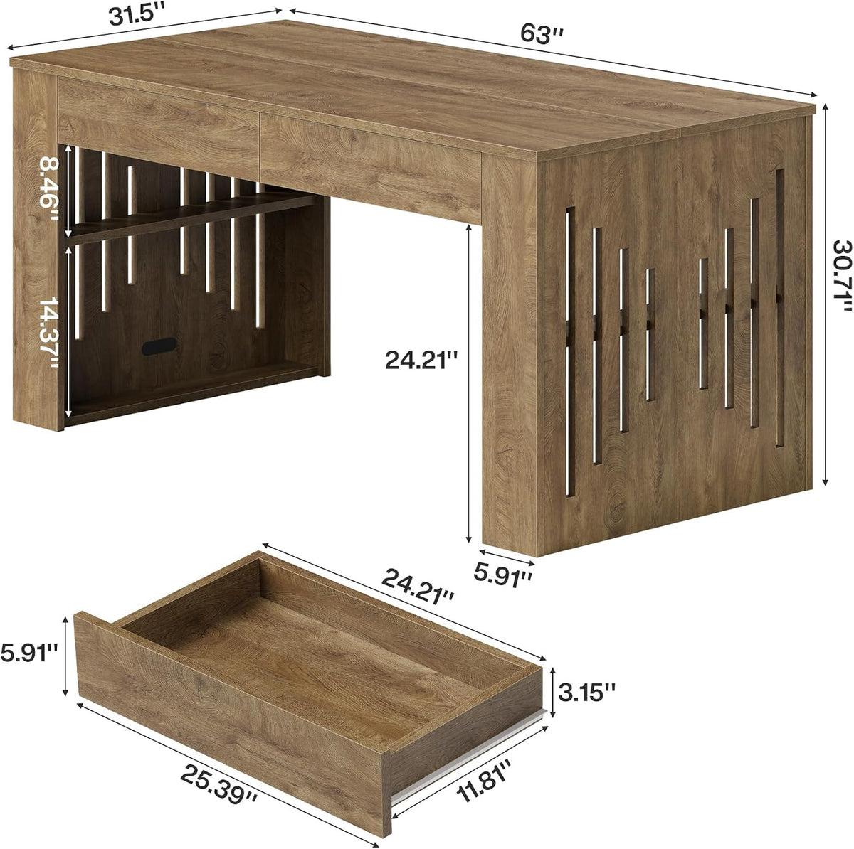 63" Rectangular Dining Table, Rustic Kitchen Table with Drawers for 4 Persons