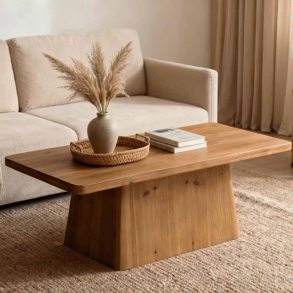 47" Wood Coffee Table, Farmhouse Center Table Tea Table with Sturdy Pedestal