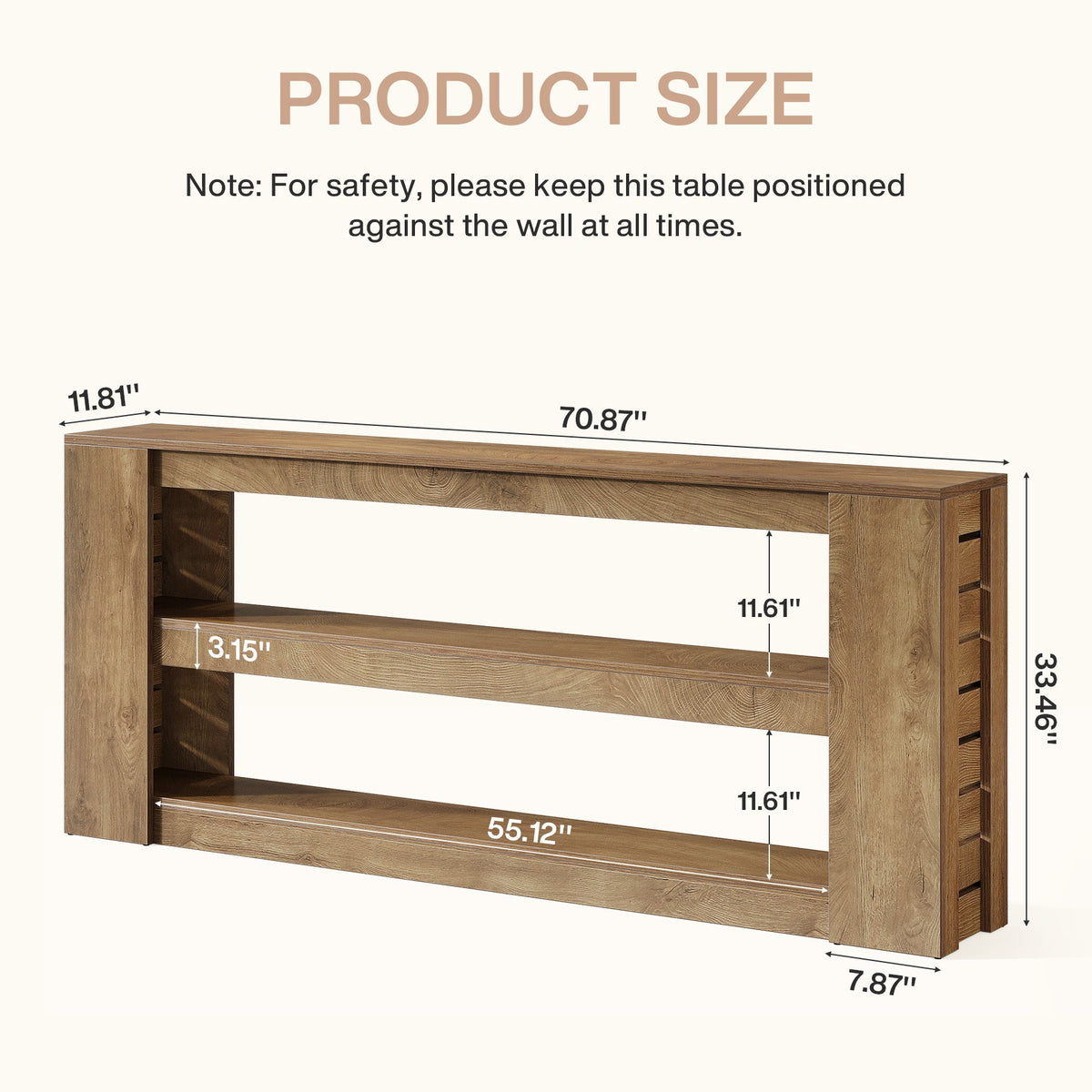 71" Console Table, Wooden 3-Tier Sofa Table Entryway Table