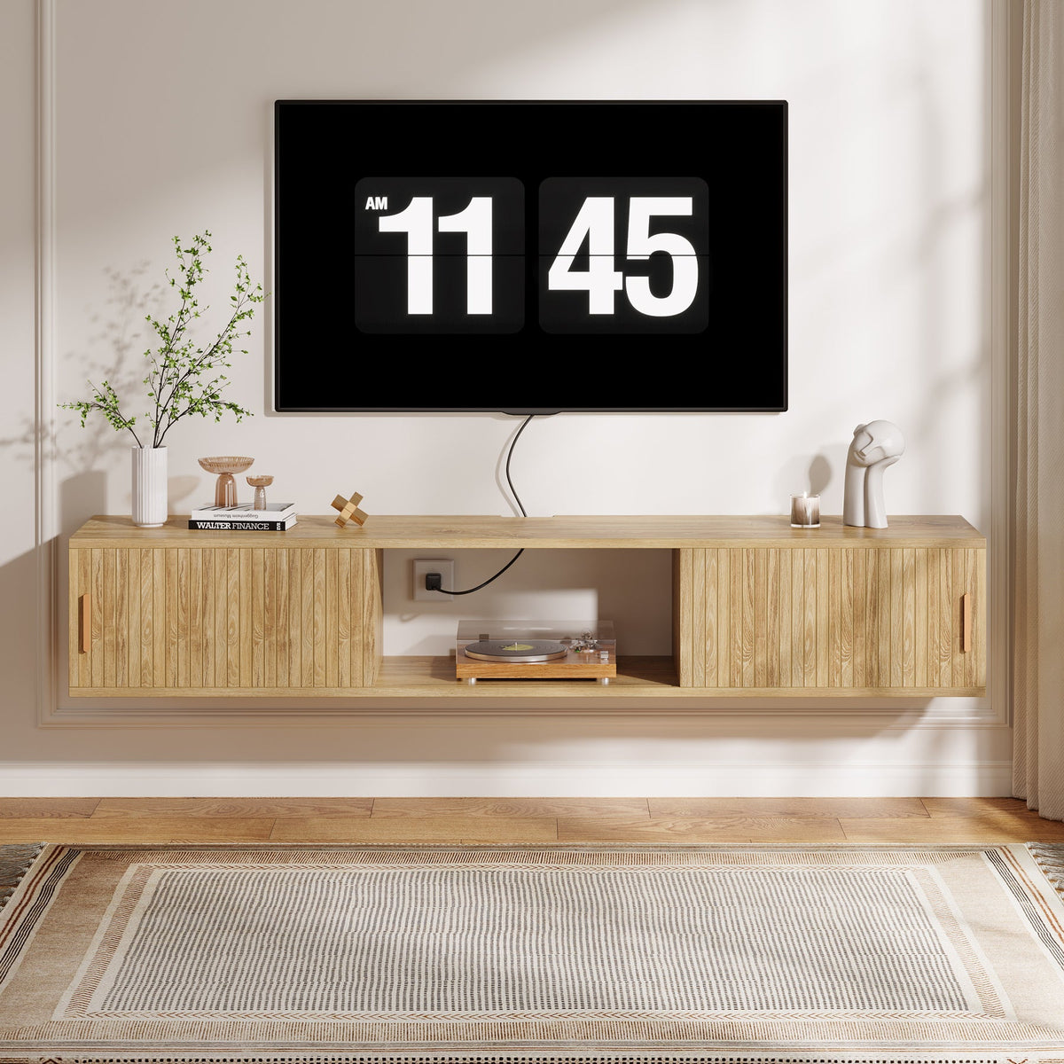 71" Floating TV Stand, Wall Mounted Entertainment Center with Fluted Sliding Door