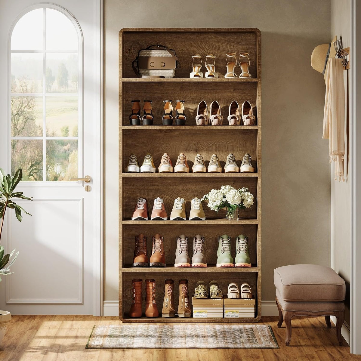 71" Shoe Cabinet, 6-Tier Wooden Vertical Shoe Rack Organizer with Open Shelf