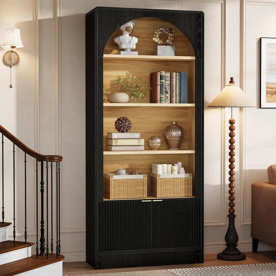 71" Tall Bookcase, 5-Tier Arched Bookshelf with Storage Cabinet and Fluted Doors