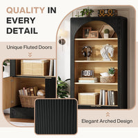 71" Tall Bookcase, 5-Tier Arched Bookshelf with Storage Cabinet and Fluted Doors