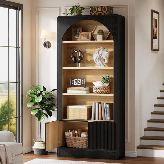 71" Tall Bookcase, 5-Tier Arched Bookshelf with Storage Cabinet and Fluted Doors
