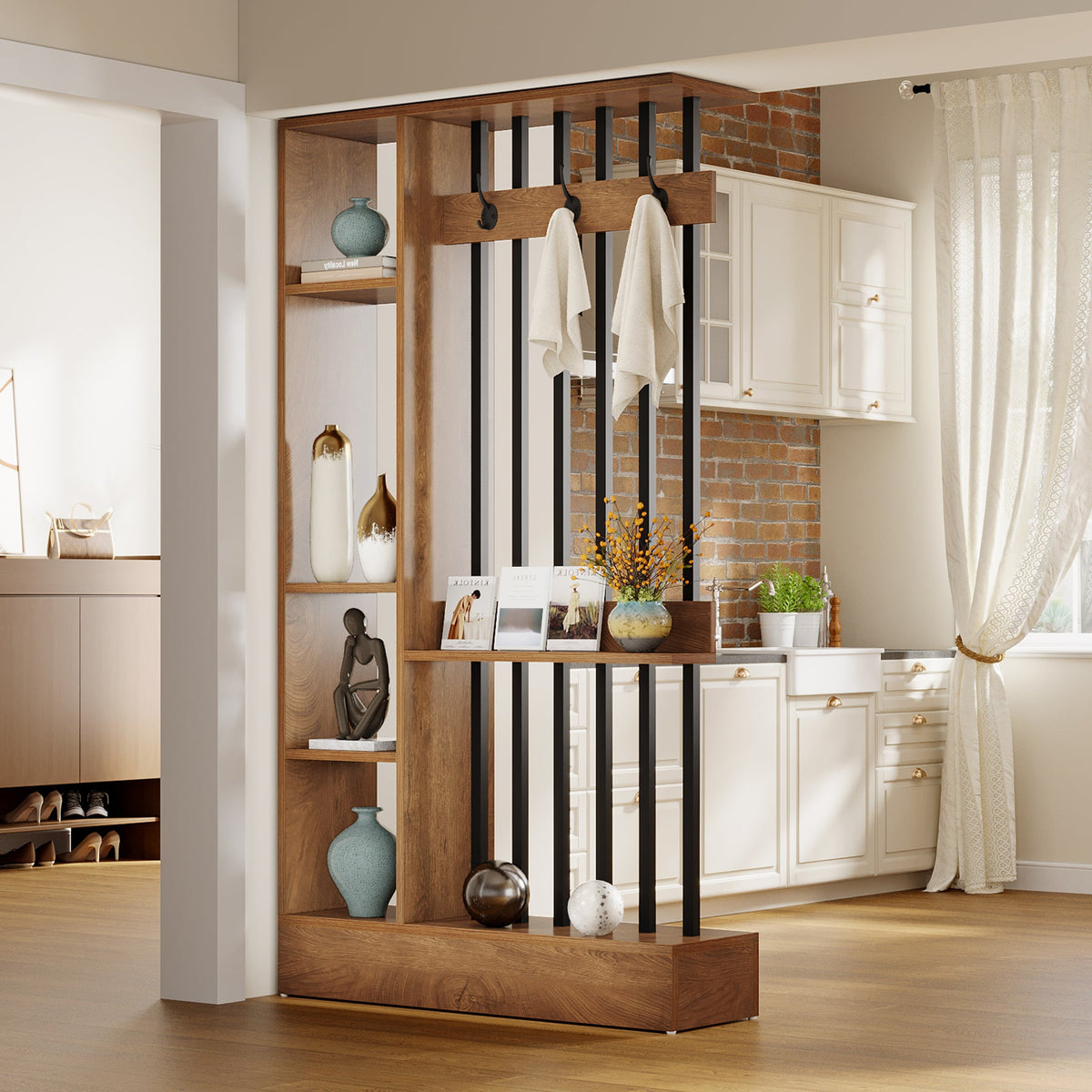 71" Wall Room Divider, Wood Freestanding Wall Partition Bookcase with Coat Hooks