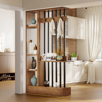 71" Wall Room Divider, Wood Freestanding Wall Partition Bookcase with Coat Hooks