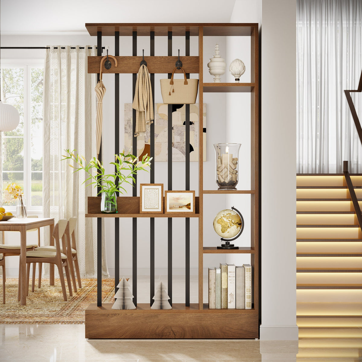 71" Wall Room Divider, Wood Freestanding Wall Partition Bookcase with Coat Hooks