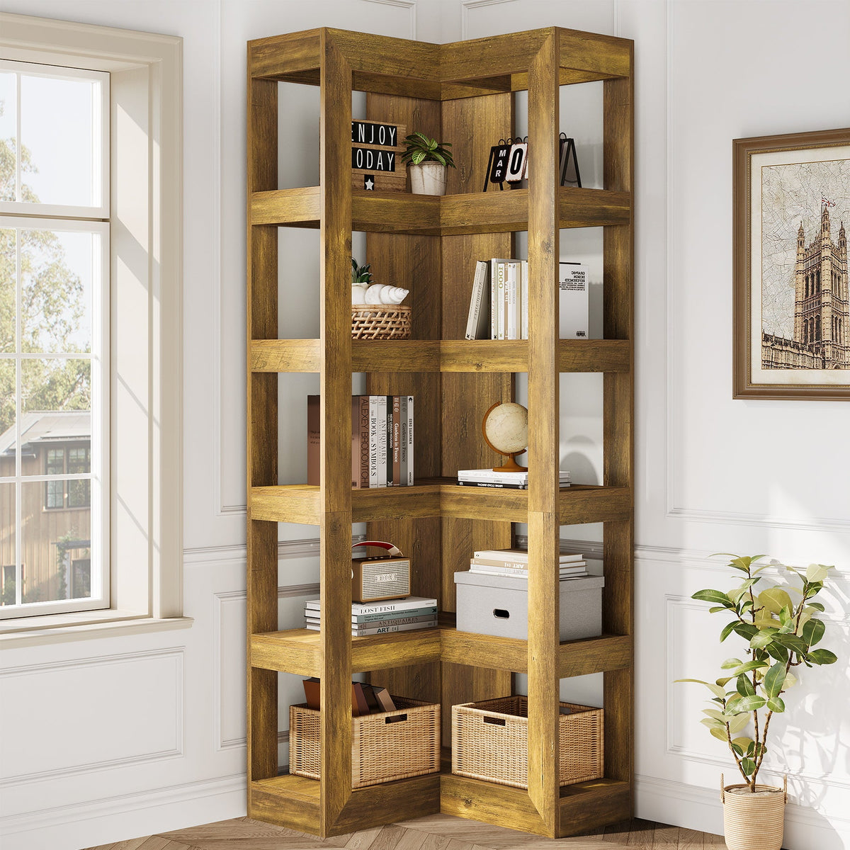 71" Wooden Bookshelf, Corner 6-Tier L-Shaped Shelf Stand with Storage