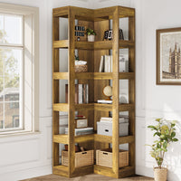 71" Wooden Bookshelf, Corner 6-Tier L-Shaped Shelf Stand with Storage