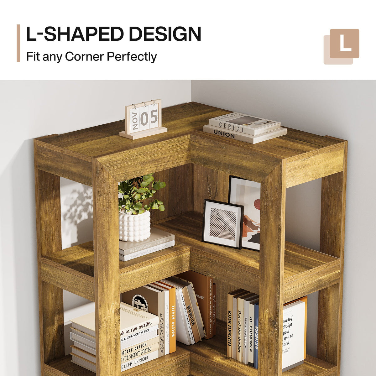 71" Wooden Bookshelf, Corner 6-Tier L-Shaped Shelf Stand with Storage