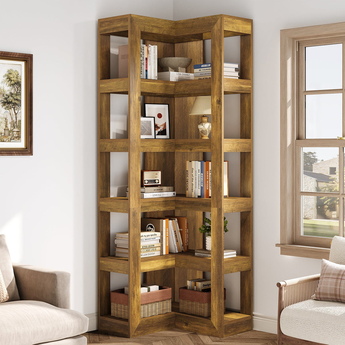71" Wooden Bookshelf, Corner 6-Tier L-Shaped Shelf Stand with Storage