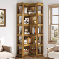 71" Wooden Bookshelf, Corner 6-Tier L-Shaped Shelf Stand with Storage