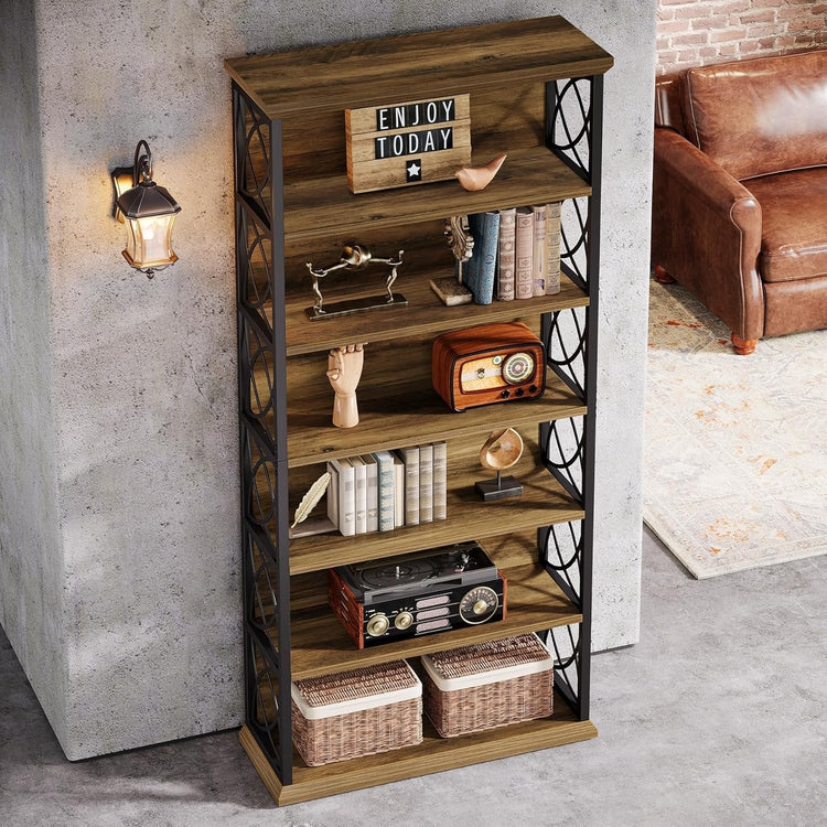 72" Tall Bookshelf, 6-Tier Industrial Etagere Bookcase with Open Storage Shelves