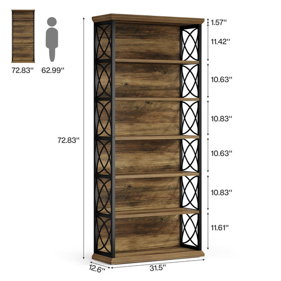 72" Tall Bookshelf, 6-Tier Industrial Etagere Bookcase with Open Storage Shelves
