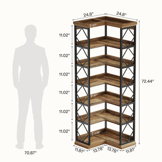72" Tall Corner Bookshelf, 6-Tier L-Shaped Corner Bookcase with Back Baffle