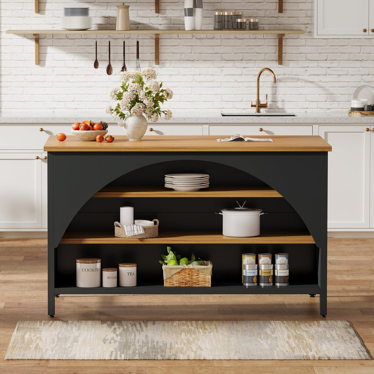 Kitchen Island with 3 Storage Shelves, 55" Kitchen Shelf with Large Countertop