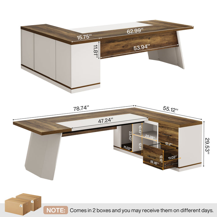 78.7" Executive Desk, Modern L-Shaped Office Desk with 55.1" Storage Cabinet