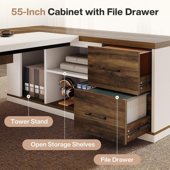 78.7" Executive Desk, Modern L-Shaped Office Desk with 55.1" Storage Cabinet