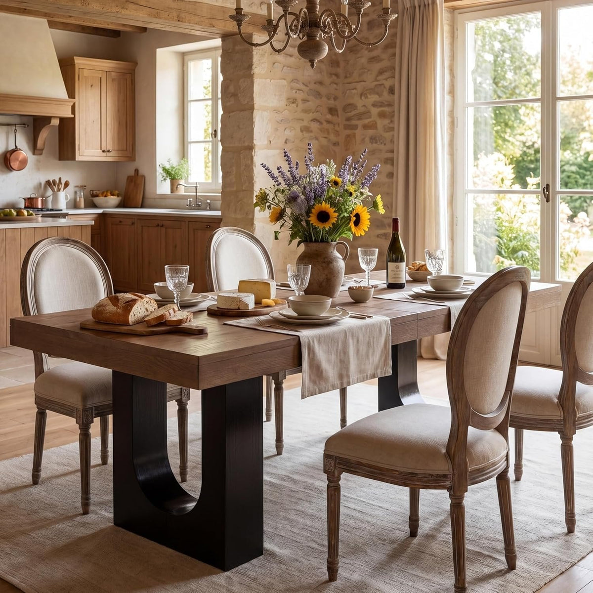 78.7" Rectangular Dining Table, Modern Farmhouse Kitchen Table with Sculptural Pedestal Base for 6-8 People
