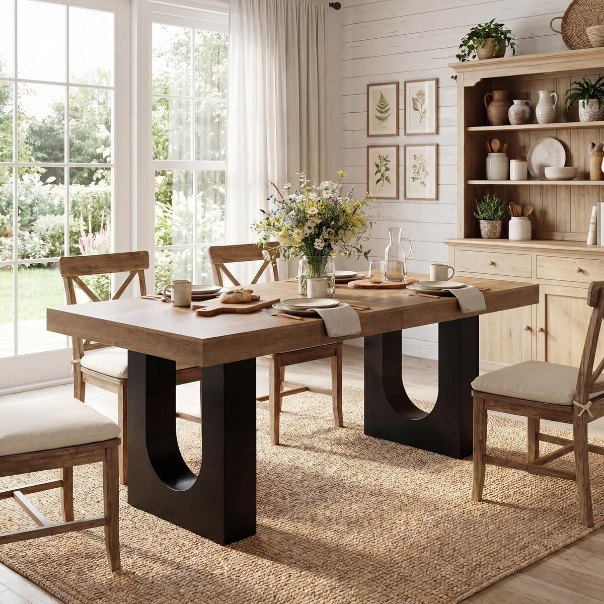 78.7" Rectangular Dining Table, Modern Farmhouse Kitchen Table with Sculptural Pedestal Base for 6-8 People