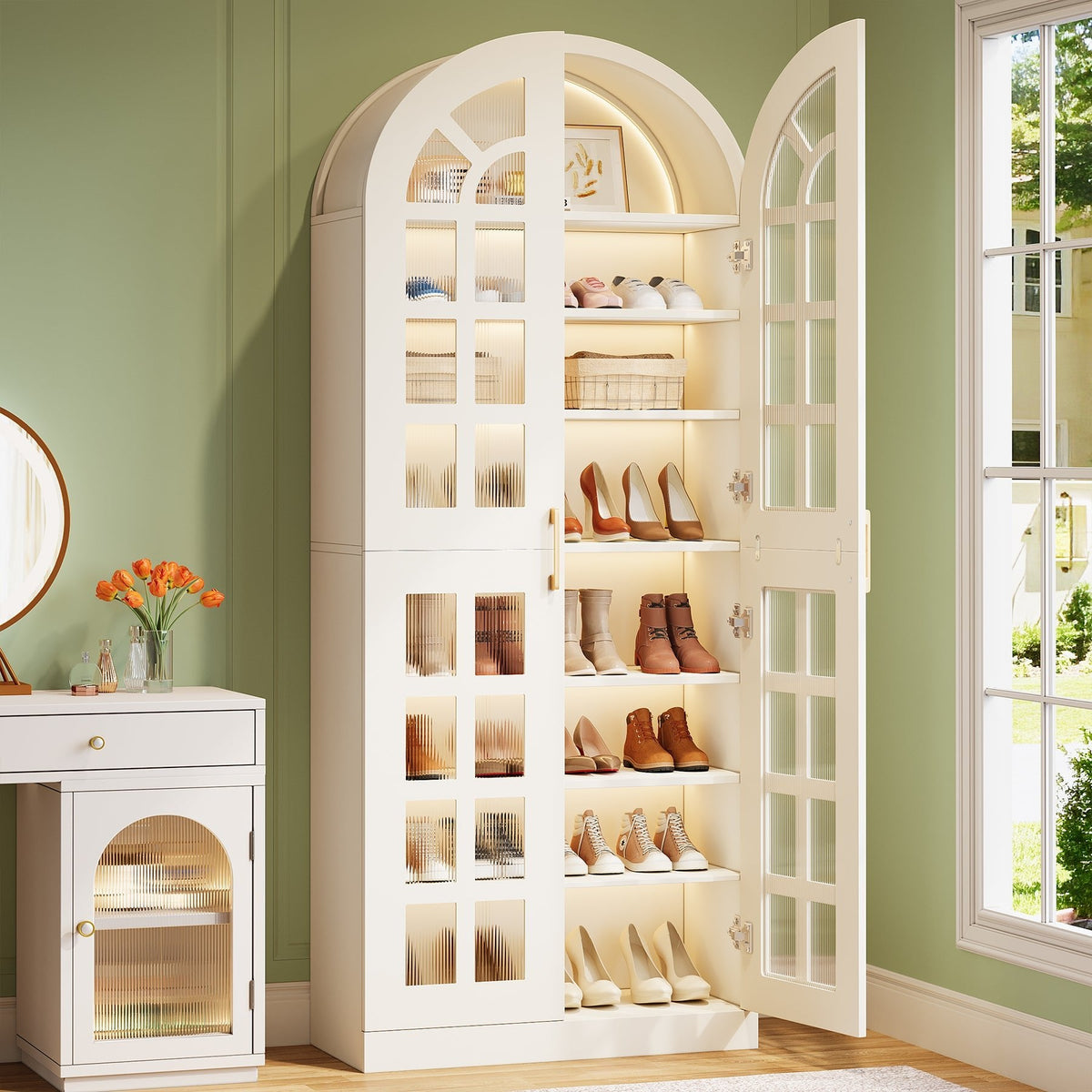 78.7" Shoe Cabinet, 8-Tier Modern Shoes Organizer Rack with Led Lights