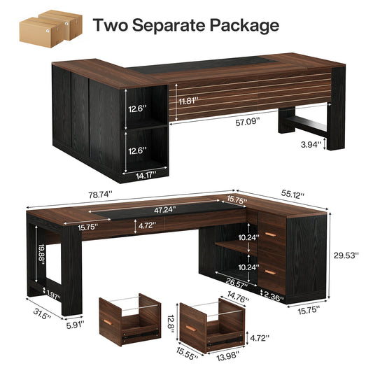 78" L-Shaped Executive Desk, Modern Office Computer Desk with Cabinet and Storage Shelves