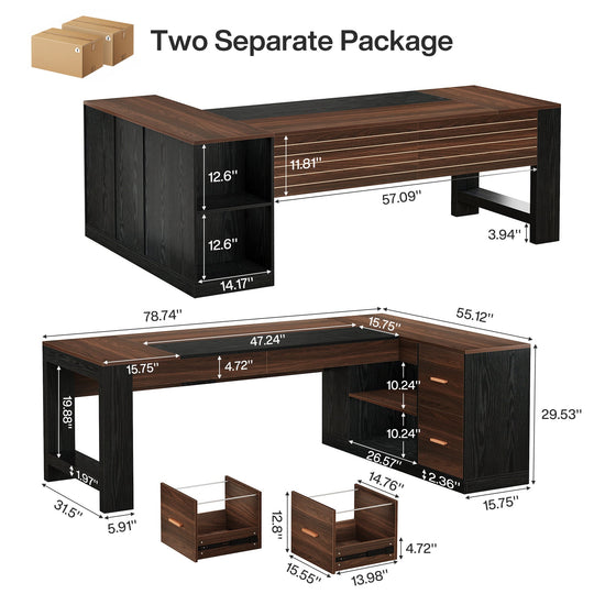 78" L-Shaped Executive Desk, Modern Office Computer Desk with Cabinet and Storage Shelves