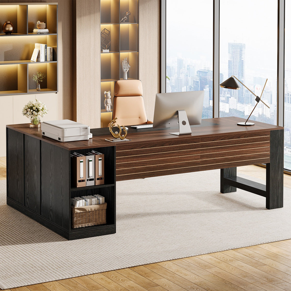 78" L-Shaped Executive Desk, Modern Office Computer Desk with Cabinet and Storage Shelves