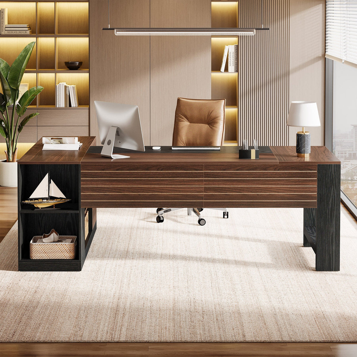 78" L-Shaped Executive Desk, Modern Office Computer Desk with Cabinet and Storage Shelves