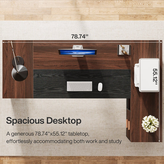 78" L-Shaped Executive Desk, Modern Office Computer Desk with Cabinet and Storage Shelves
