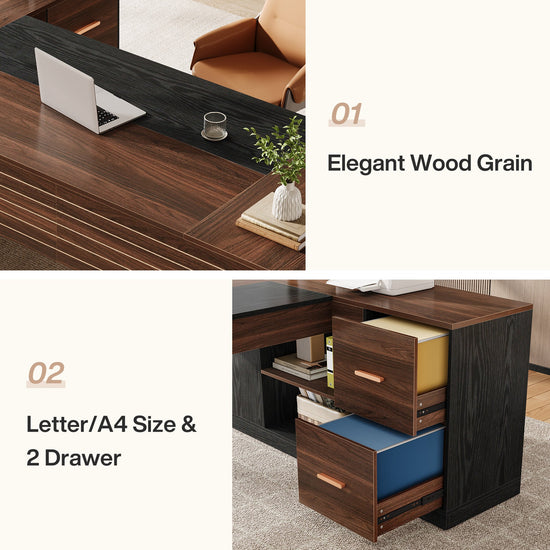 78" L-Shaped Executive Desk, Modern Office Computer Desk with Cabinet and Storage Shelves