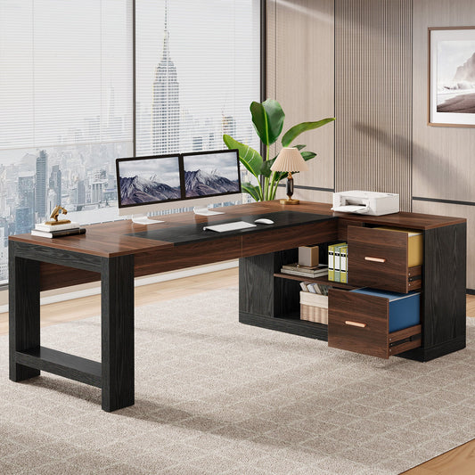 78" L-Shaped Executive Desk, Modern Office Computer Desk with Cabinet and Storage Shelves