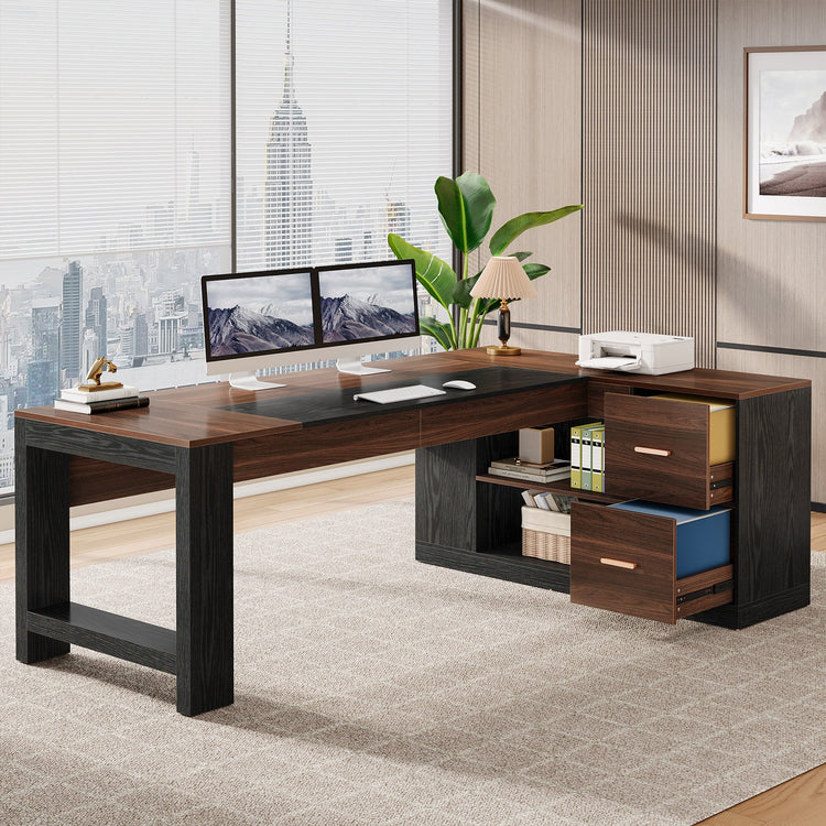 78" L-Shaped Executive Desk, Modern Office Computer Desk with Cabinet and Storage Shelves