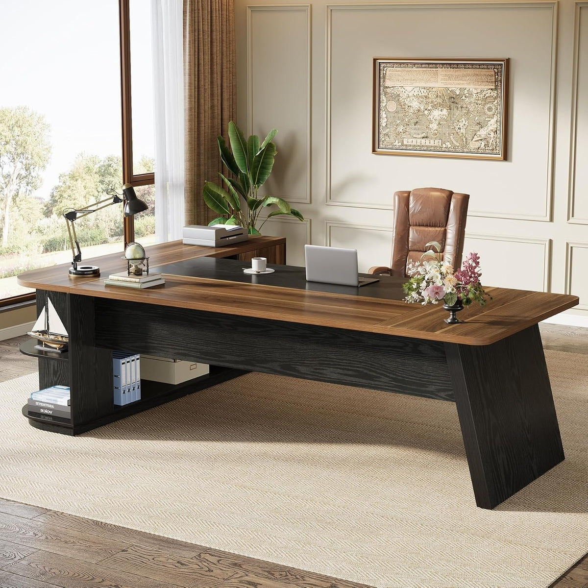 79" Executive Desk, L-Shaped Office Compter Desk with Cabinet for Home Office