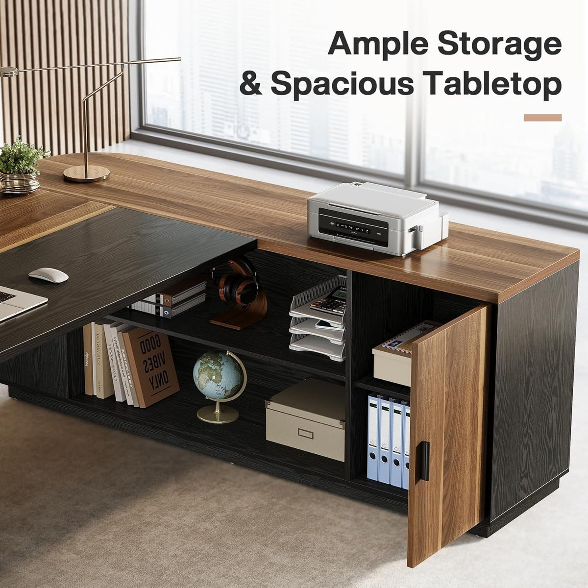 79" Executive Desk, L-Shaped Office Compter Desk with Cabinet for Home Office