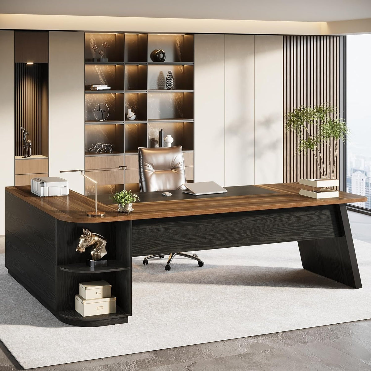 79" Executive Desk, L-Shaped Office Compter Desk with Cabinet for Home Office