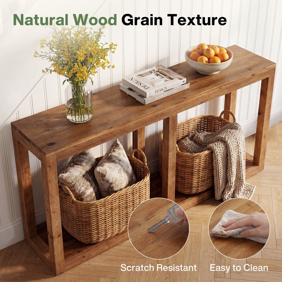70.9" Solid Wood Console Table, 2-Tier Farmhouse Entryway Sofa Table Behind Couch