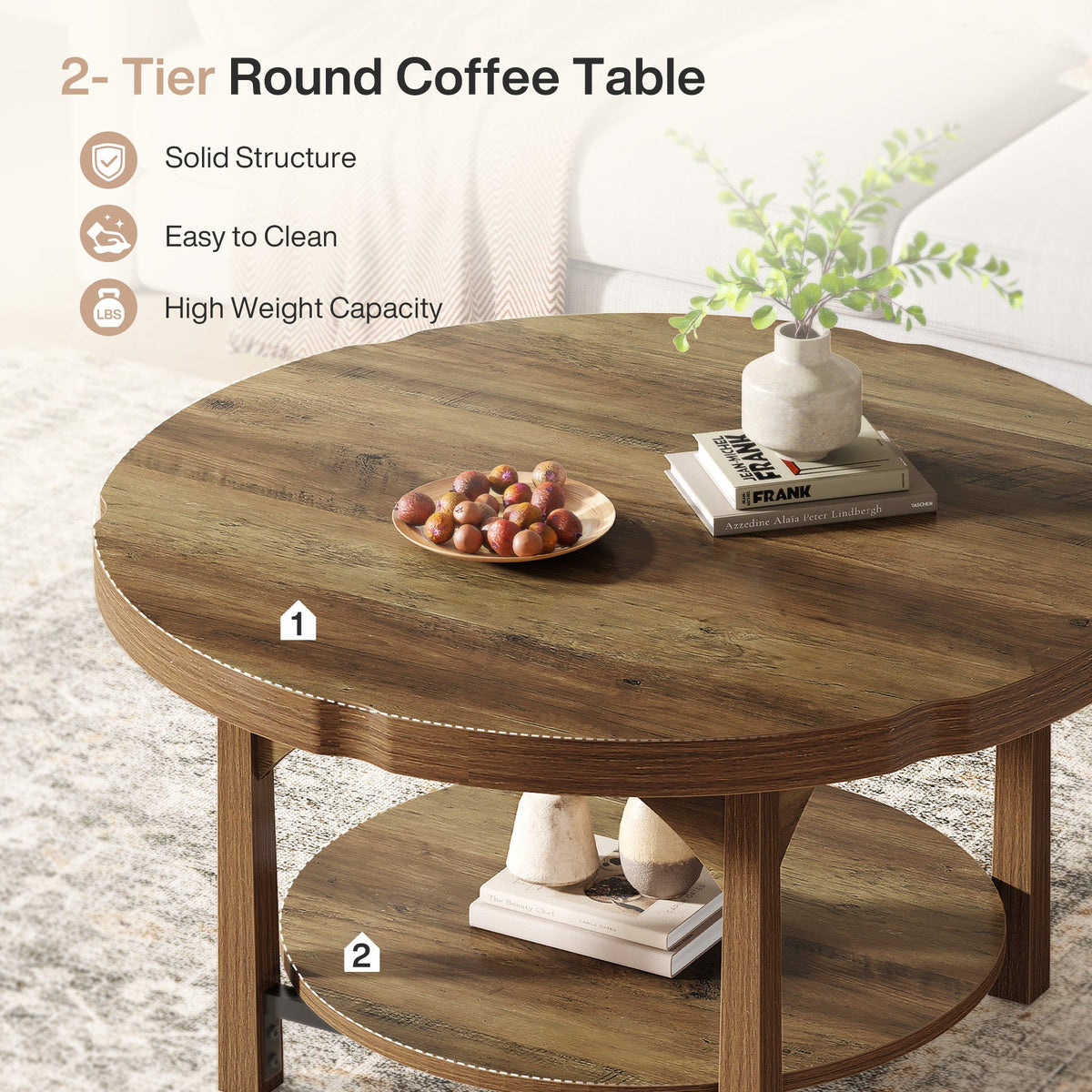33.46" Round Coffee Table, 2-Tier Farmhouse Center Table with Storage Shelf