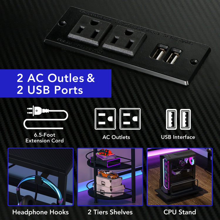 Gaming Desk with LED Strip & Power Outlets
