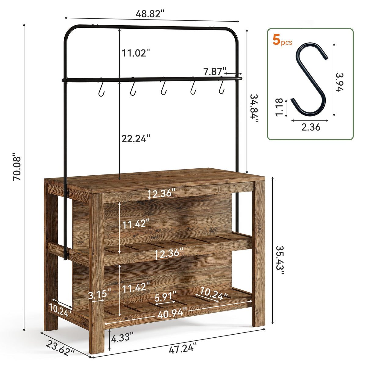 47" Solid Wood Bar Table, 3-Tier Home Bar Unit with Storage Shelves & 5 Hooks