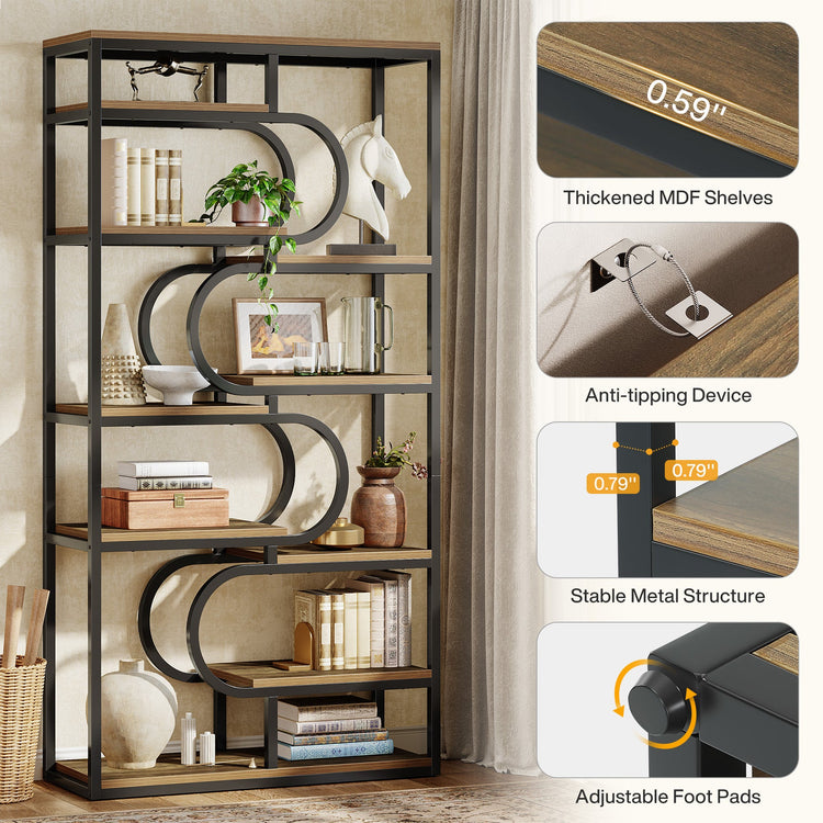 71" Bookshelf, Industrial Etagere Bookcase with Open Storage Shelves