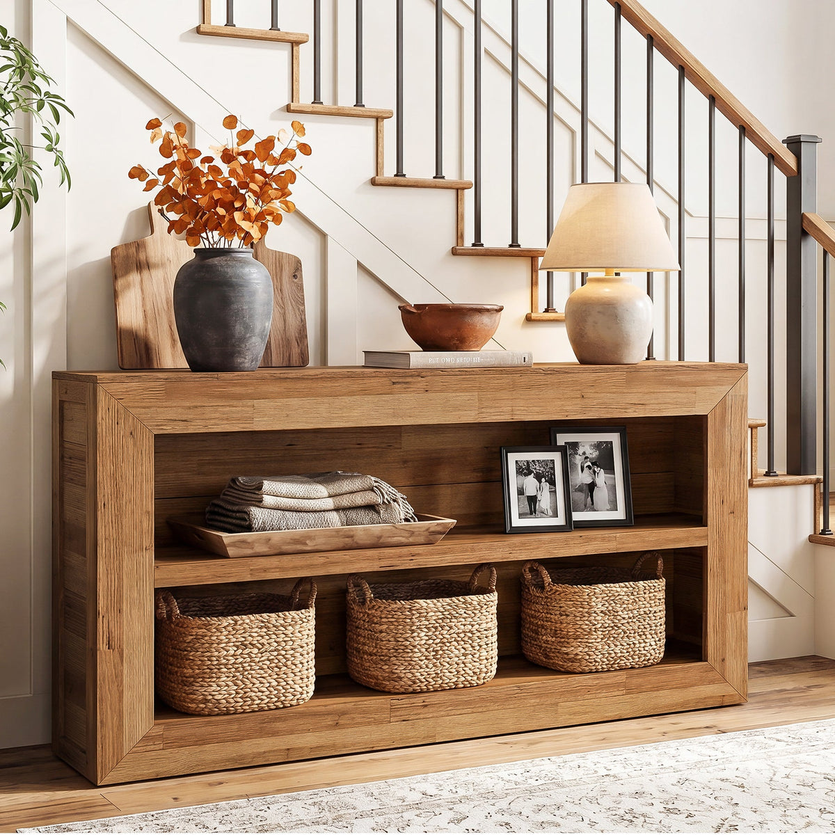 63-Inch Wooden Console Table, Narrow Entryway Table with 2-Tier Open Storage for Hallway